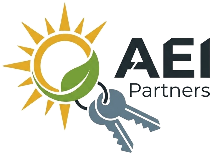 AEI Partners logo: a sun with a leaf, holding a ring of keys