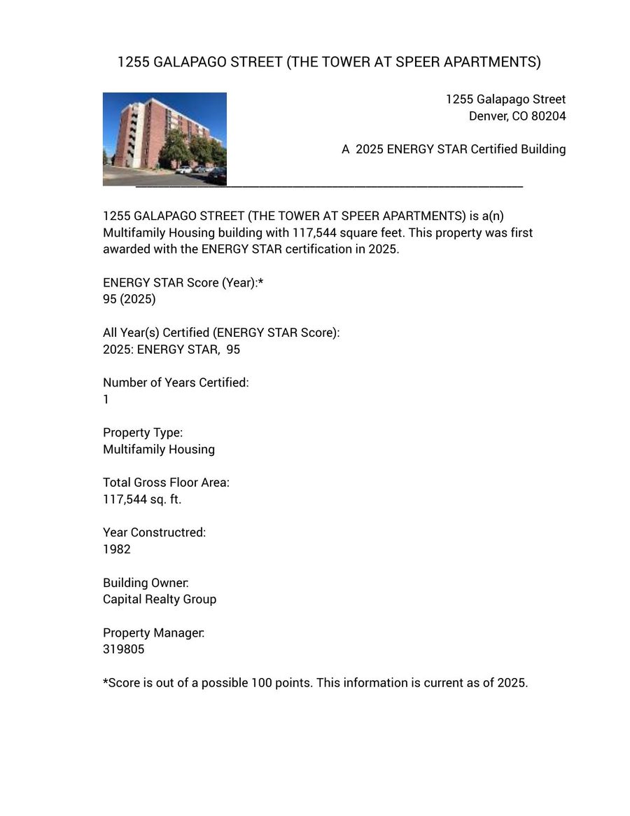ENERGY STAR Registry of Certified Buildings entry for 1255 Galapago Street, a 2025 ENERGY STAR certified building with a score of 95